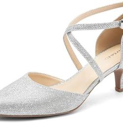 Greatonu Women's Low Heel Pumps Pointed Toe Bridal Wedding Party Kitten Heel Pump Shoes size 7 *New*