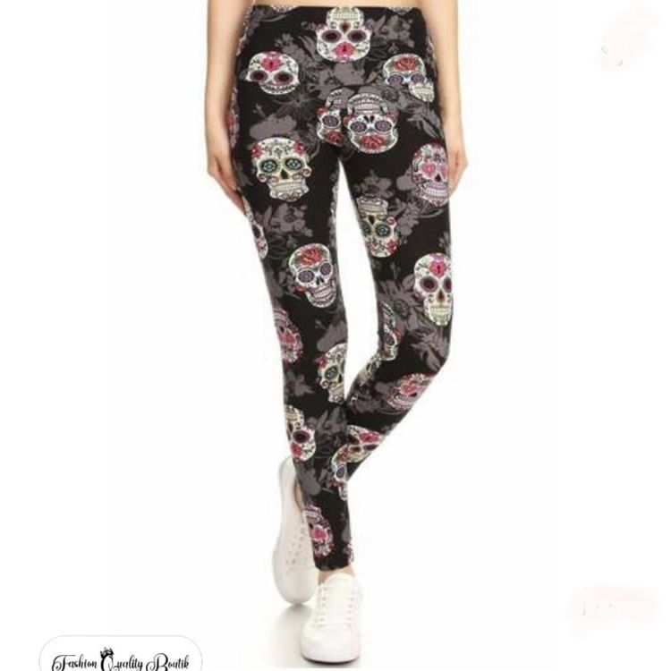 Multi Color Dia De Los Muertos Sugar Skull Print Leggings SZ M