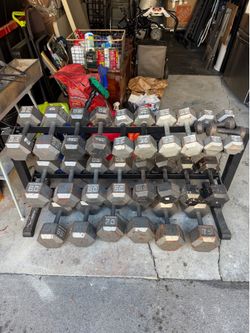 Cast iron Hex Dumbbell set with rack 15-75 lbs