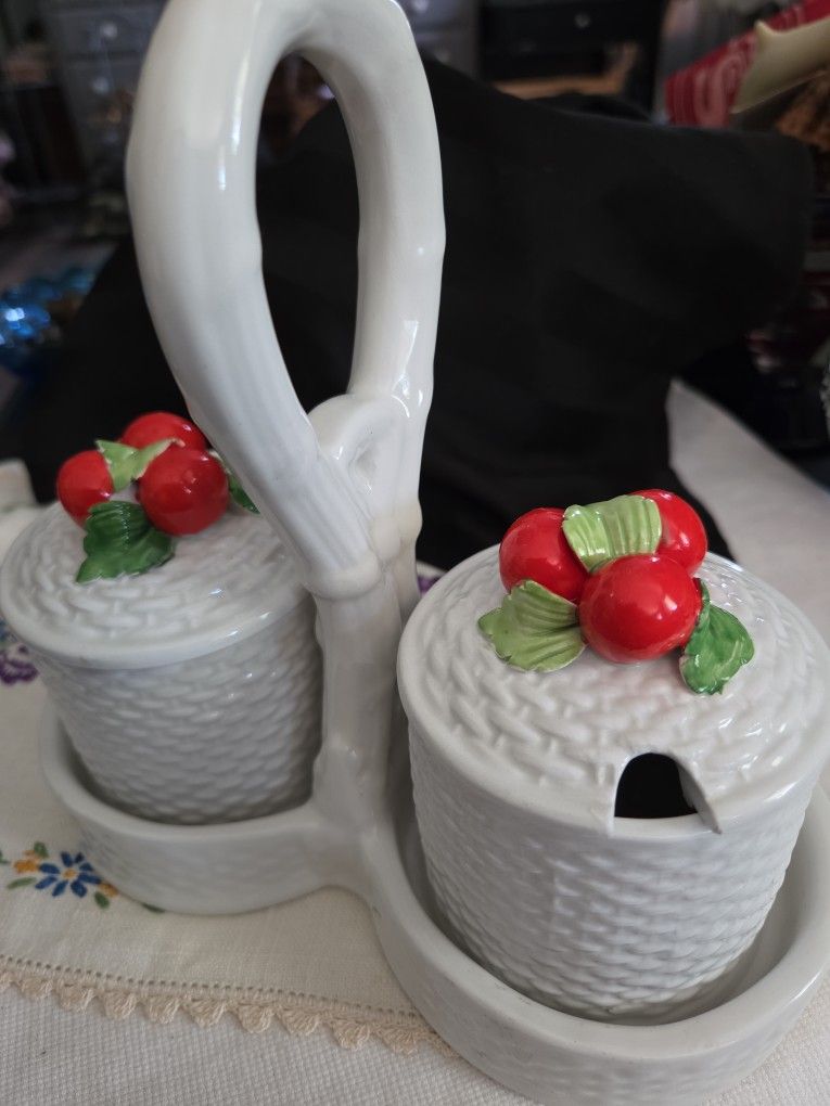 Vtg Italian Ceramic Majolica Condiment Set with Holder