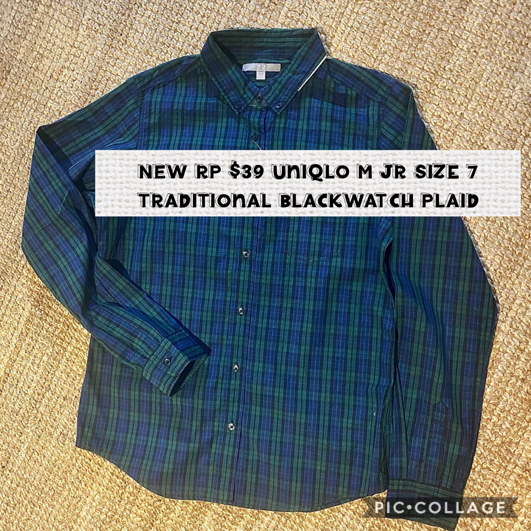 Sz M women’s UNIQLO NEW button down preppy shirt, blue green black plaid, called black, watch plaid traditional English