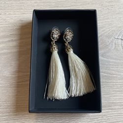Beige Crystal Tassel Fringe Dangle Earrings