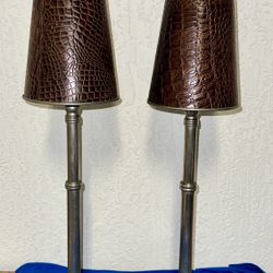 Matching Pair of Brushed Nickel Table Lamps with Faux Leather Croc-Embossed Shades, 28” Tall