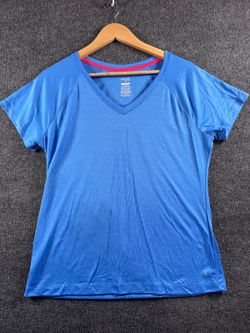 Womens Large 12-14 Blue V Neck Short Sleeve Athletic Workout Shirt
