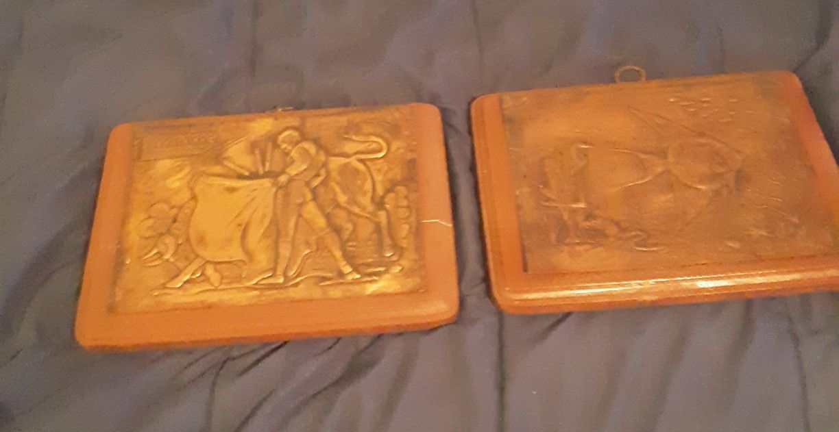 2 imprinted copper plated wood artwork
