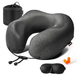 MLVOC Travel Pillow 100% Pure Memory Foam Neck Pillow, Comfortable & Breathable Cover, Machine Washable, Airplane Travel Kit With 3D Contoured Eye Mas