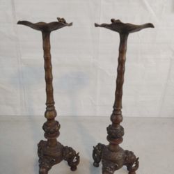 Antique Japanese Bronze/Brass Frog Candlestick Stands 16 1/2" Tall


