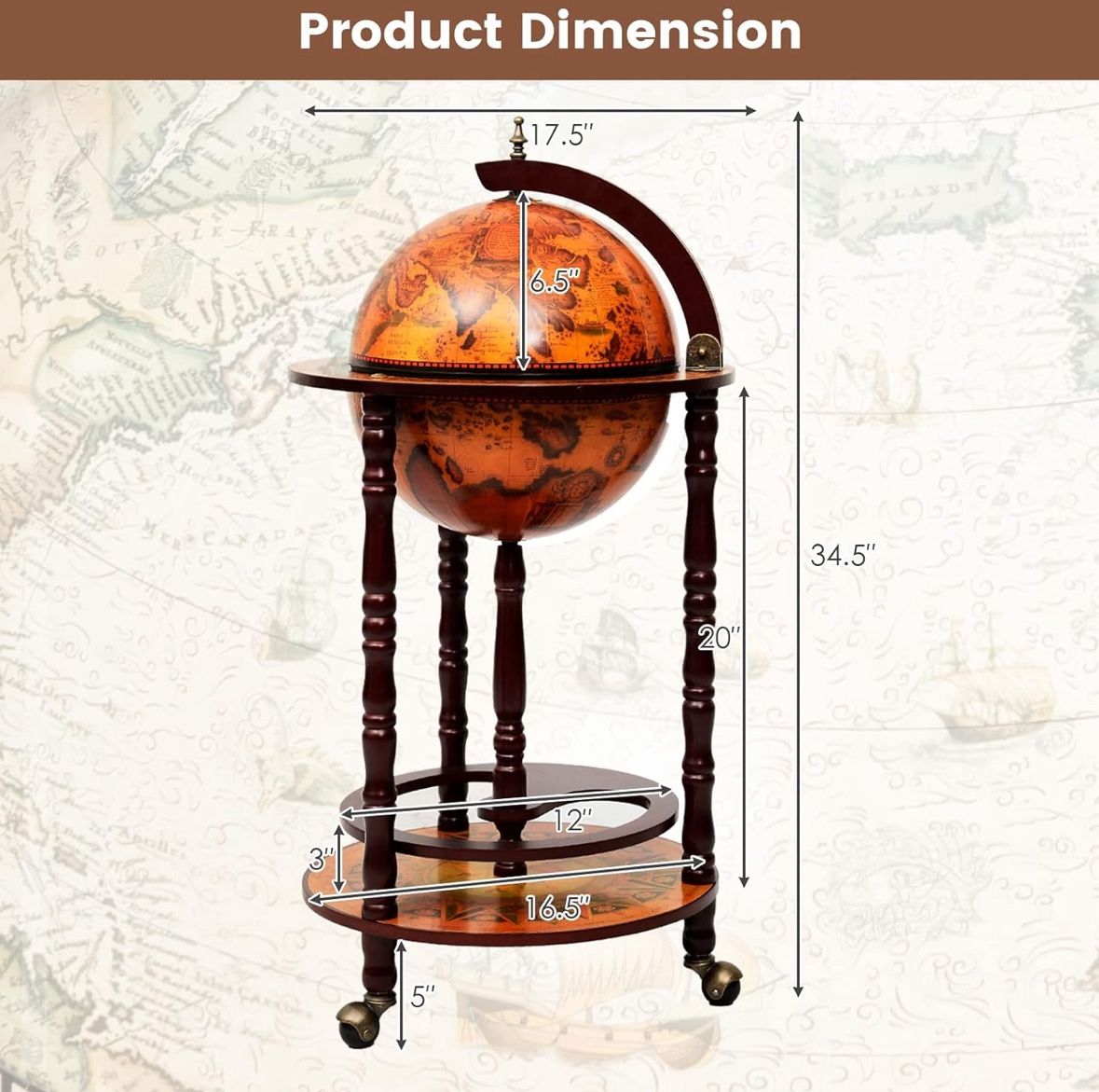 Collectible German Wood globe bar on wheels
