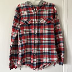 Plaid Print Button Down Shirt With Hood