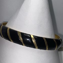 Black Enamel Bangle Bracelet, Gold Tone.