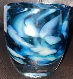 Glass Baby Votive Magnetic Blue White Swirls Tri-Color Cool Thumb Prints IN HAND ; Pattern. Swirl