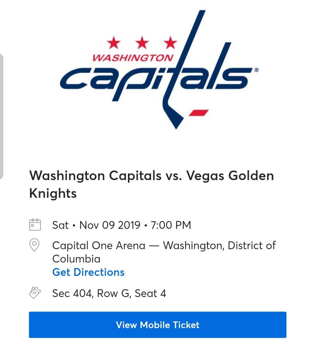 Golden knights at Washington capitals