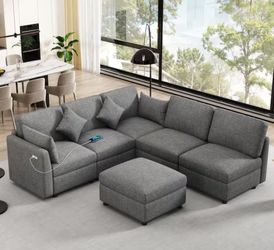 Chino -86.6 in. Square Arm Chenille Sofa in Grey with a Movable Ottoman and Two USB Ports for Living Room