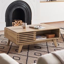 mopio Ensley Coffee Table, Mid Century Modern Table with Storage, Farmhouse Wood Coffee Table for Living Room Fluted (Oak)