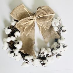 Wreath Artificial Cotton Ball Flower Pods Wreath With Burlap Bow 36” Diameter NEW!! NIB