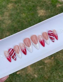 Medium stiletto winter Press on nails red glitter white