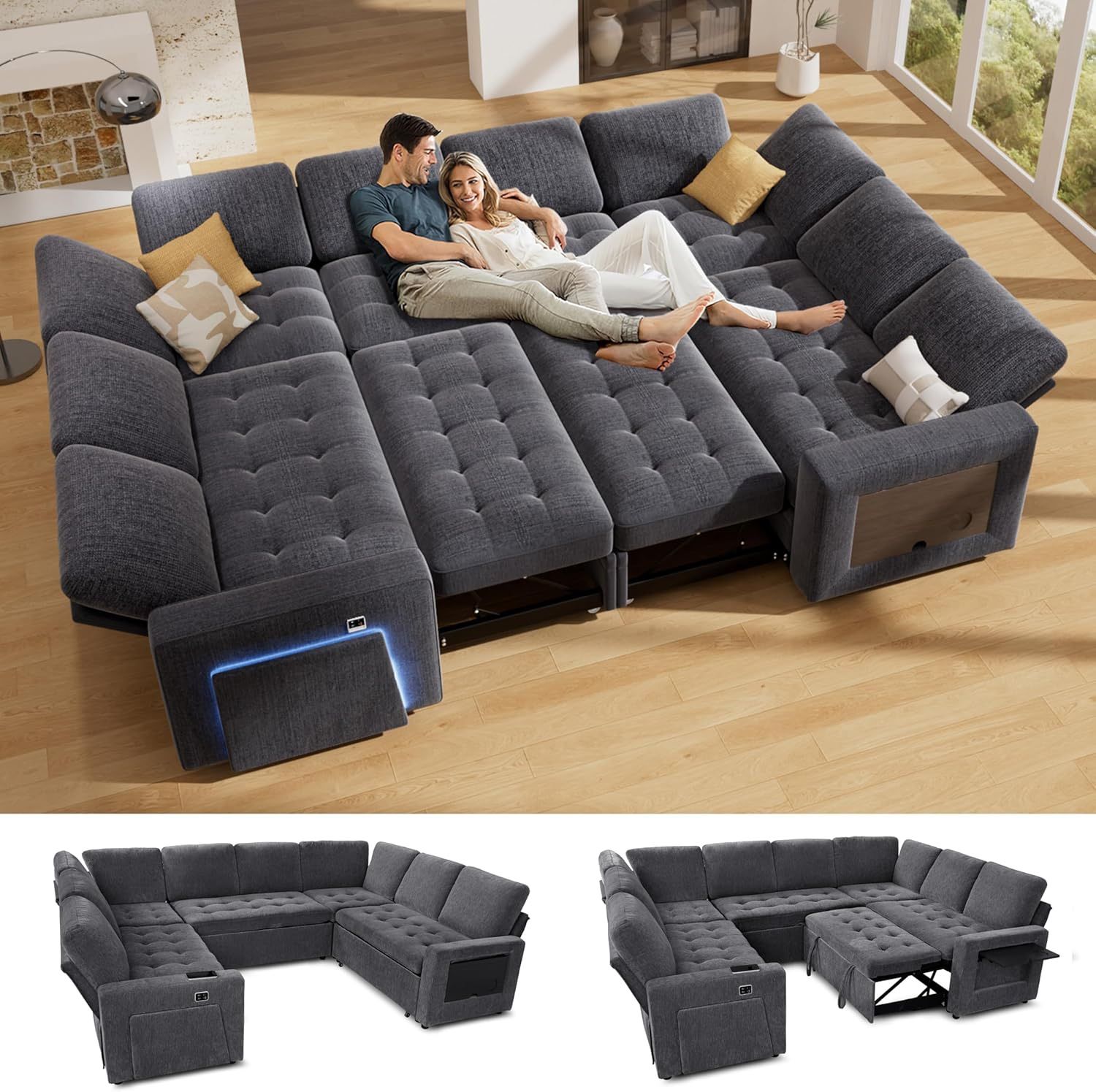 C/81(5) 8 Seat U Shaped Modular Sectional Sleeper Sofa with Pull Out Bed/Reclining Backrest/USB Ports/Table/LED Light/Storage Seat, Sectional Sleeper