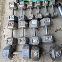 15lb, 25lb, 35lb, 45lb, 55lb, 65lb Metal Hex Dumbbells 75c per lb (480lb total)