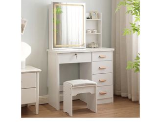 Makeup Vanity Desk with Sliding Mirror and Lights, Vanity Table with 5 Drawers and Shelves, Modern Dressing Table with Stool, Writing Desk for Bedroom