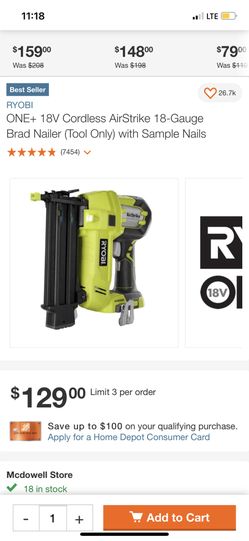RYOBI ONE+ 18V Cordless AirStrike 18-Gauge Brad Nailer (Tool Only) with Sample Nails