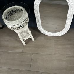 Wicker Mirror & Glass-Top Table Set – $25