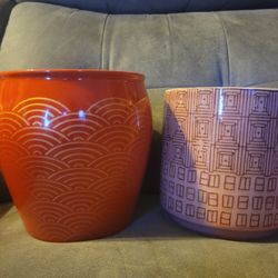 2 Ceramic Accent Flower Pots Rose Pink & Red 