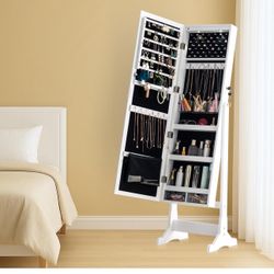 White Mirror Jewelry Cabinet Standing, Large Storage Jewelry Armoire, Full-Length Frameless Mirror w