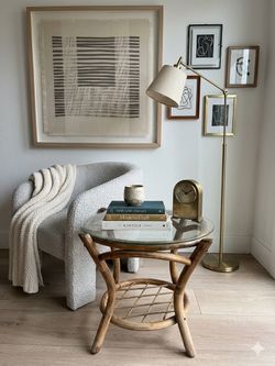 Vintage Mid-Century Rattan & Bamboo Side Table with Round Glass Top – 22”