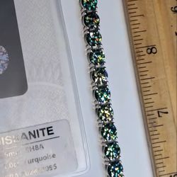 8" Inch Ocean Green/Blue Turquoise Moissanite Braclet, 925 Sterling Silver, Passes Diamond Tester