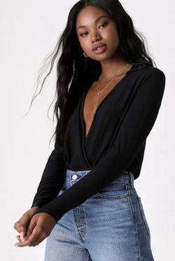 Effortlessly Modern Black Long Sleeve Surplice Bodysuit