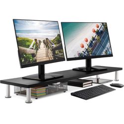The Original Bamboo Dual Monitor Stand (As Seen On PBS) - 42 Inch Large Monitor Riser for Computer Screens, Laptop or TV - Desk Shelf Adds Storage Spa