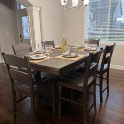 Solid Wood Bar Height Dining Table, 8 Chairs, and Large Matching China Hutch (Full Set)