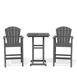 Brand New SERWALL Gray 3-Piece Bar Height Patio Set, still in original unopened boxes, unassembled. Set includes 2 bar-height Adirondack chairs + 1 ma