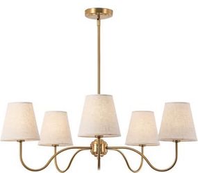 Transitional 5-Arm Dining Room Warm Brass Chandelier with Beige Shade 32”Dia Farmhouse Curve Arm