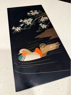 Vintage Japanese Lacquer Wall Panel – Mandarin Ducks & Blossoms – Made in Japan