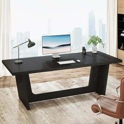 70.87-Inch Executive Computer Desk with Solid Wood Pedestal, Black
