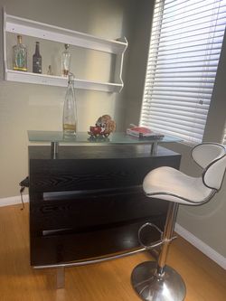 Modern Black Home Bar with Glass Top and Wine Rack w/ 2 Bar Stools