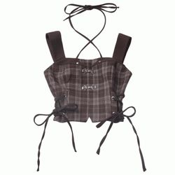 Brown Plaid Halter Neck Tank Top Tie Up Clothing Shirts Tops Blusa Camisa NINA MUJER GIRL WOMEN