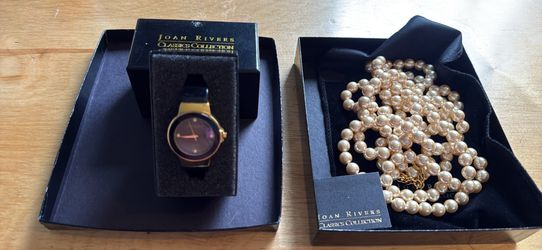 Joan Rivers Gold Cream Tone Faux Hand Tied Pearl Necklace Timeless  32 Inch and a vintage Watch for  woman