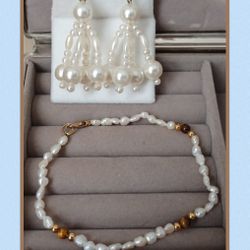 Faux Pearl Dangle Earrings & Freshwater Pearl Bracelet