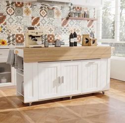 Extra Long Kitchen Island Cart with Dual Folding Tables, Trash Bin Storage & Large Countertop