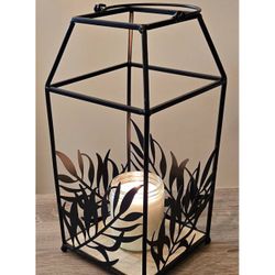 Modern Metal Candle Lantern with Leaf Design and Hanging Ring, Black, Indoor/Outdoor 12" Tall, Decorative, Unique Centerpiece