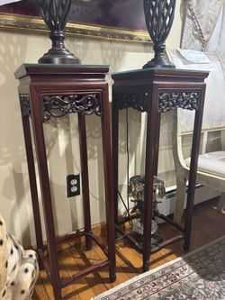 2 Tall Rosewood Ming Flower Stand With Lattice Carvings 44" High W/ 2 Vintage Style Lamps
