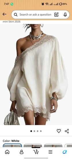 Women's Hollow lace Edge Sloping Shoulder Collar Dress mini Skirt 2026