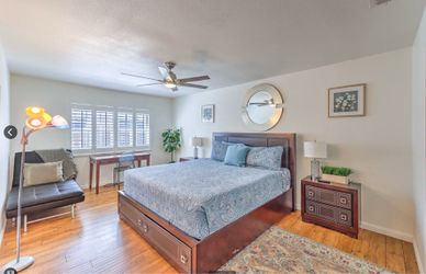 Bed, Desk, Chairs, Nightstands, Lamps, Mirror, Artwork
