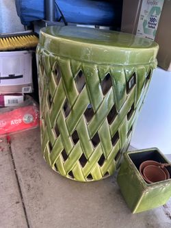 Green ceramic plant stand table stool