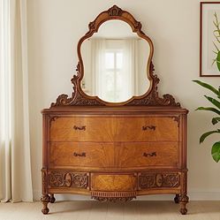 Stunning Vintage Carved Walnut Dresser & Mirror by Williamsport