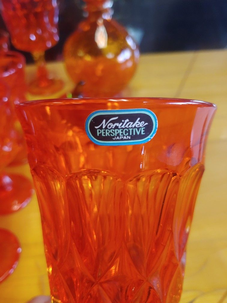 Vintage Noritake Perspective Japan Orange Tangerine Glassware Goblets Cups Ice Cream Crackle Glass Genie Bottle Decanter Uranium MCM Apple Fruit
