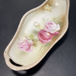 RS Germany Antique 1920s Hand Painted Roses Relish Celery Tray Platter Handles