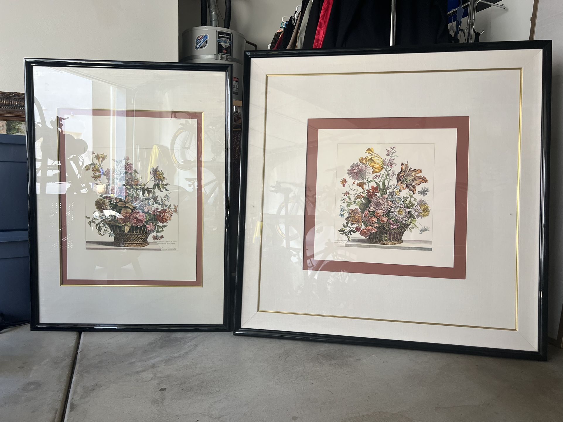 XL Matching Set of Jean Baptiste Monnoyer Print of Colored Etching by N De Poilly Floral Basket Art
